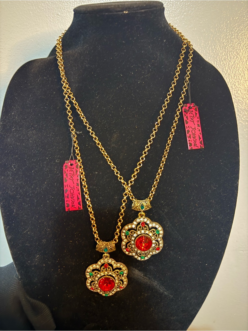 Betsey Johnson Gold-Tone Red and Green Double Pendant Necklace ( for 1 only )